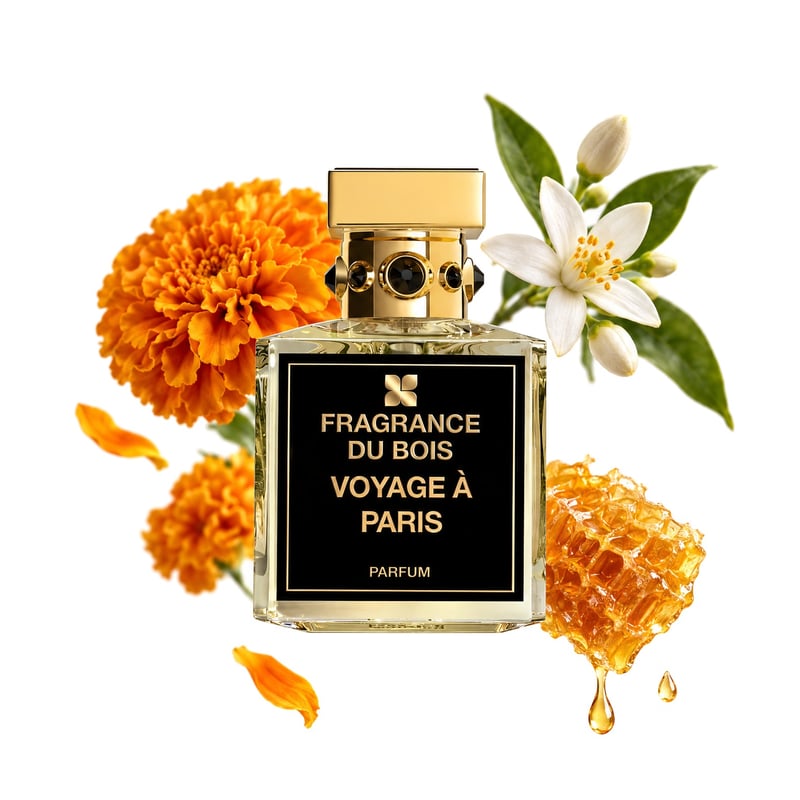 Voyage a Paris by Fragrance Du Bois, bottle pictured with its key notes: Marigold, Orange Blossom and Honey