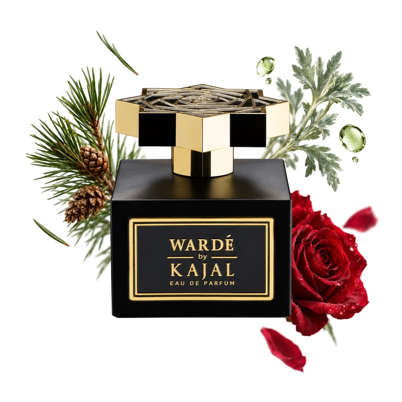 Warde by Kajal, bottle pictured with its key notes: Pine, Absinthe and Rose