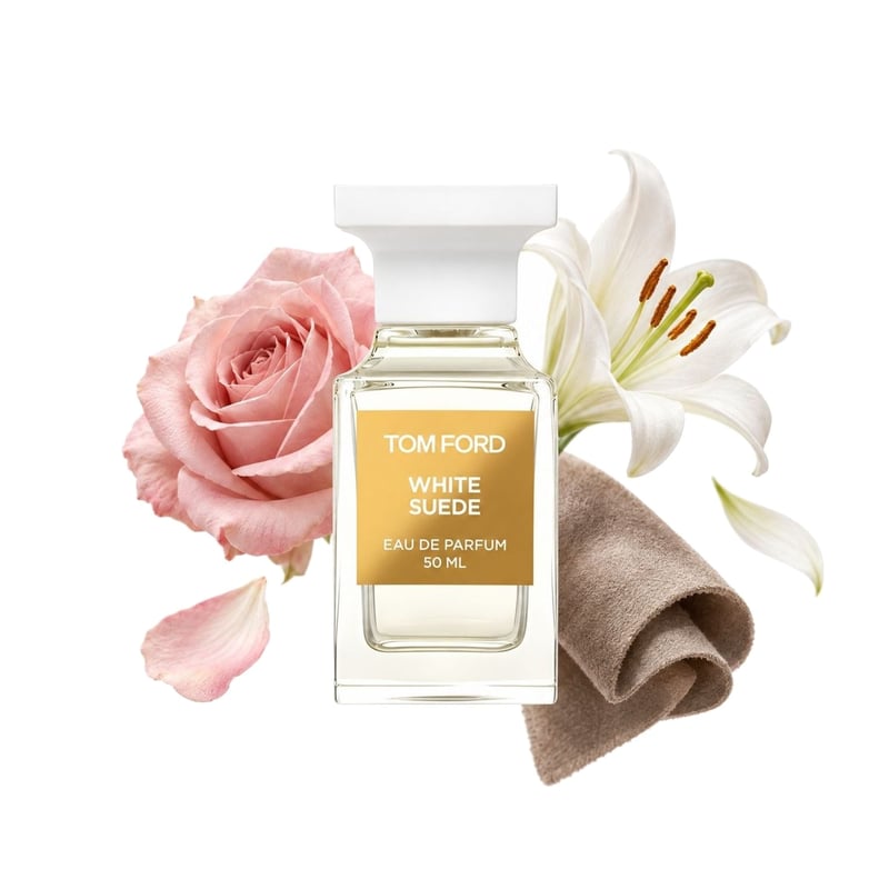 White Suede by Tom Ford, bottle pictured with its key notes: Rose, Lily and Suede