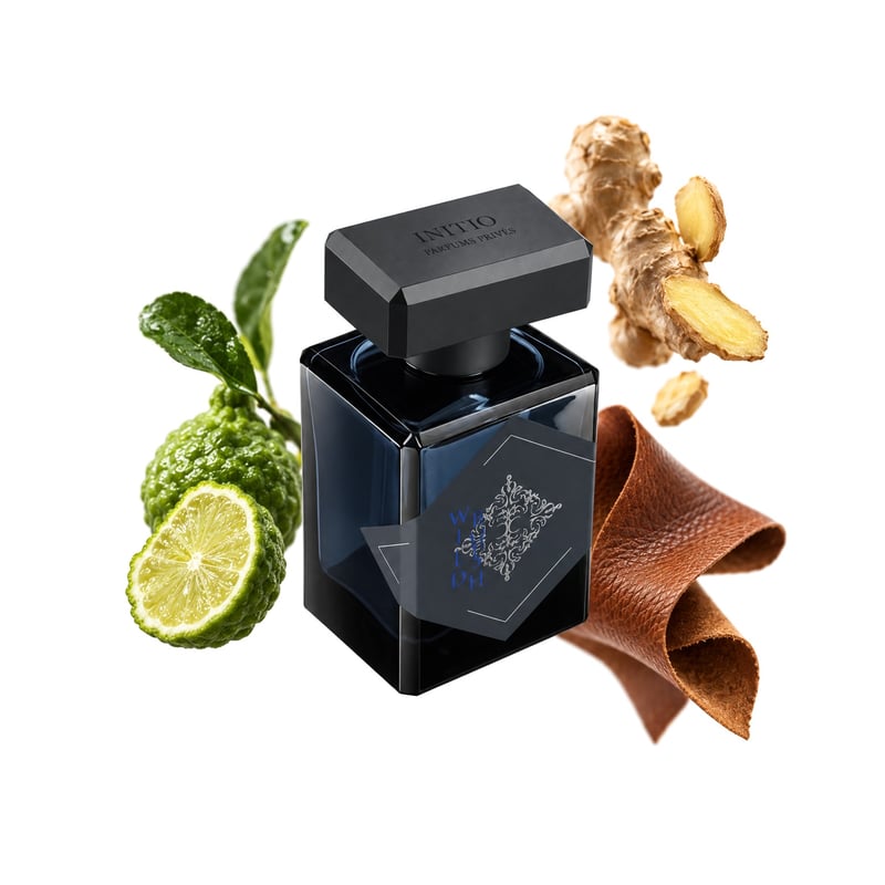 Wild Rush by Initio Parfums Prives, bottle pictured with its key notes: Bergamot, Ginger and Leather