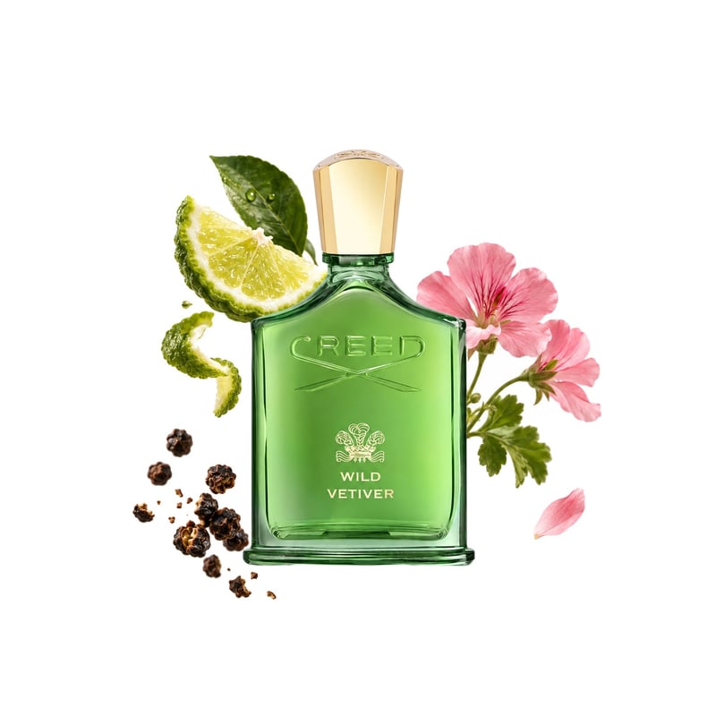 Wild Vetiver by Creed, bottle pictured with its key notes: Timur Pepper, Bergamot and Geranium