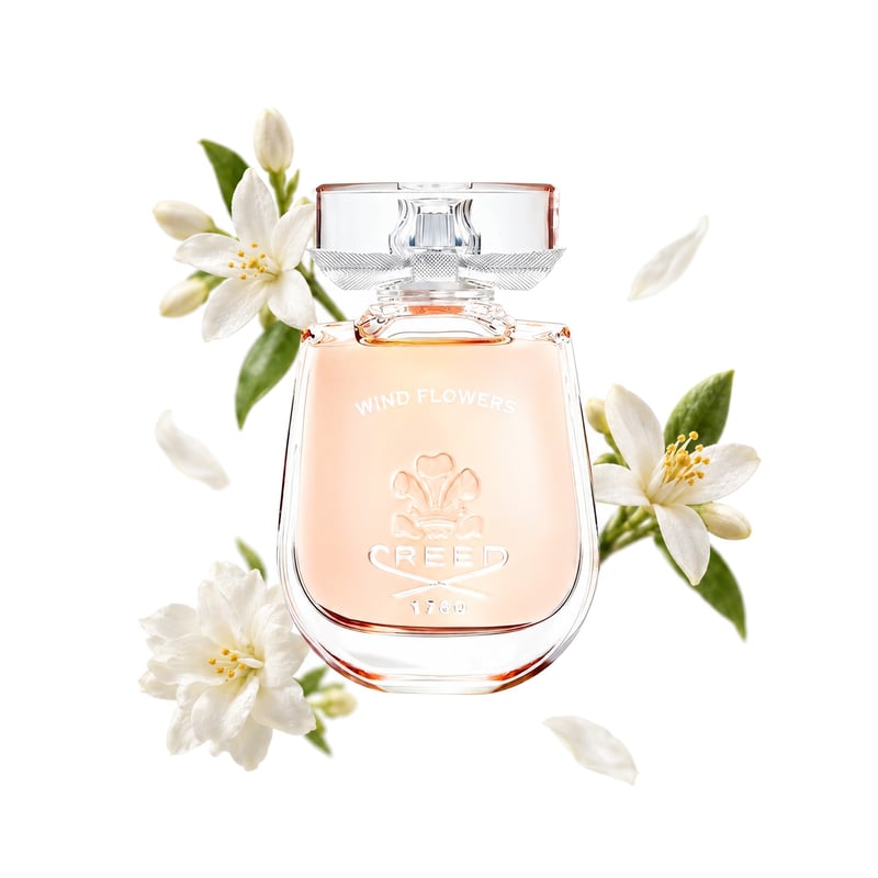 Wind Flowers by Creed, bottle pictured with its key notes: Jasmine, Orange Blossom and Jasmine Sambac