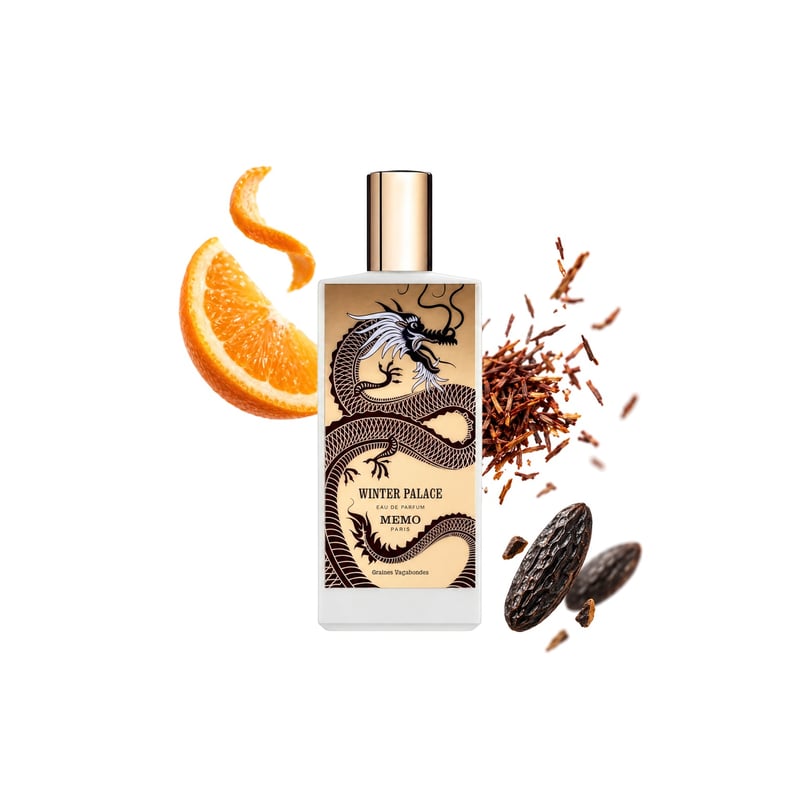 Winter Palace by Memo Paris, bottle pictured with its key notes: Red Tea, Orange and Tonka Bean