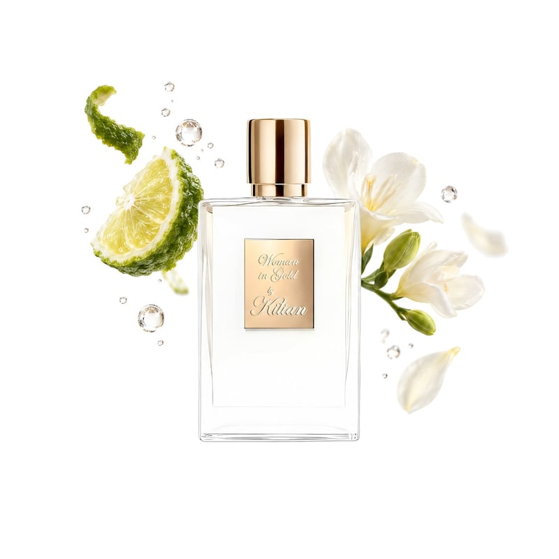 Woman in Gold by By Kilian, bottle pictured with its key notes: Bergamot, Aldehydes and Freesia