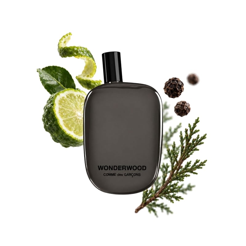 Wonderwood by Comme des Garçons, bottle pictured with its key notes: Bergamot, Madagascar Pepper and Cypress