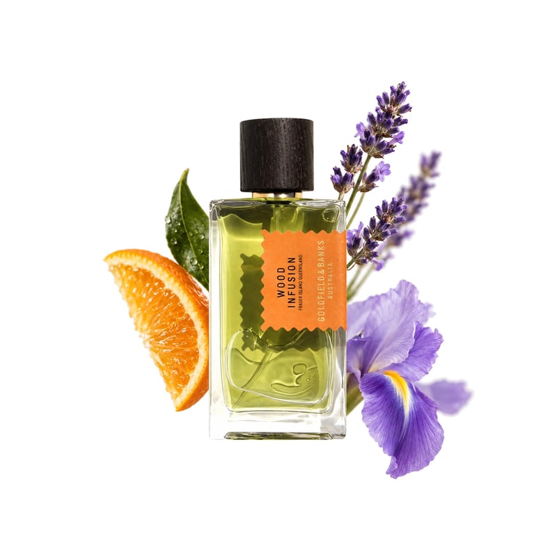 Wood Infusion by Goldfield & Banks, bottle pictured with its key notes: Orange, Lavender and Iris