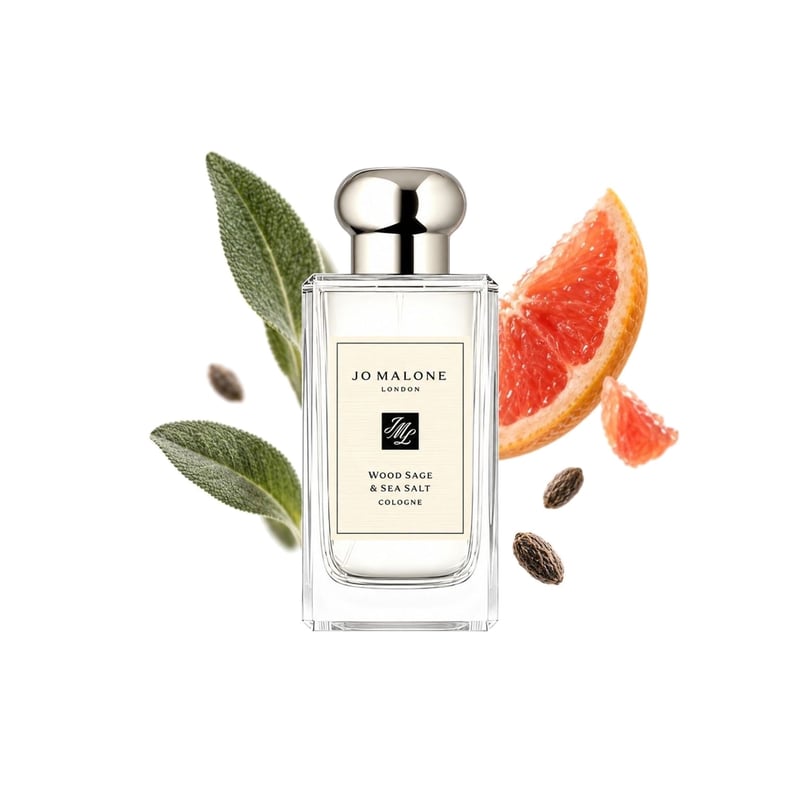Wood Sage & Sea Salt by Jo Malone London, bottle pictured with its key notes: Sage, Grapefruit and Ambrette (musk Mallow)