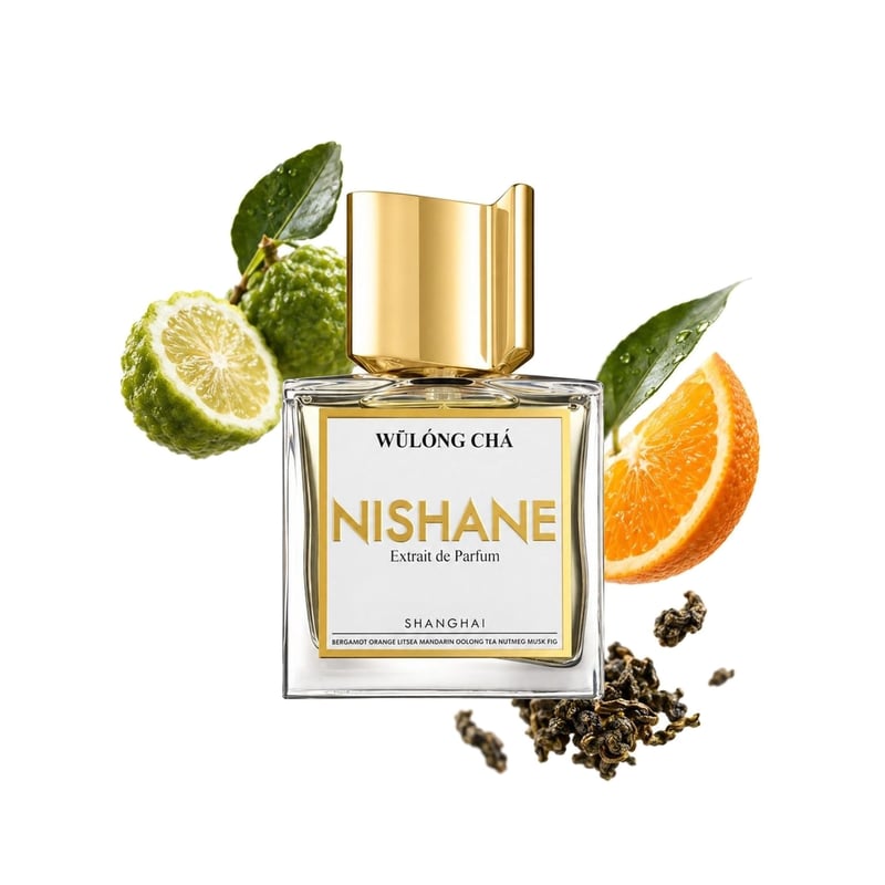 Wulóng Chá by Nishane, bottle pictured with its key notes: Bergamot, Orange and Oolong Tea