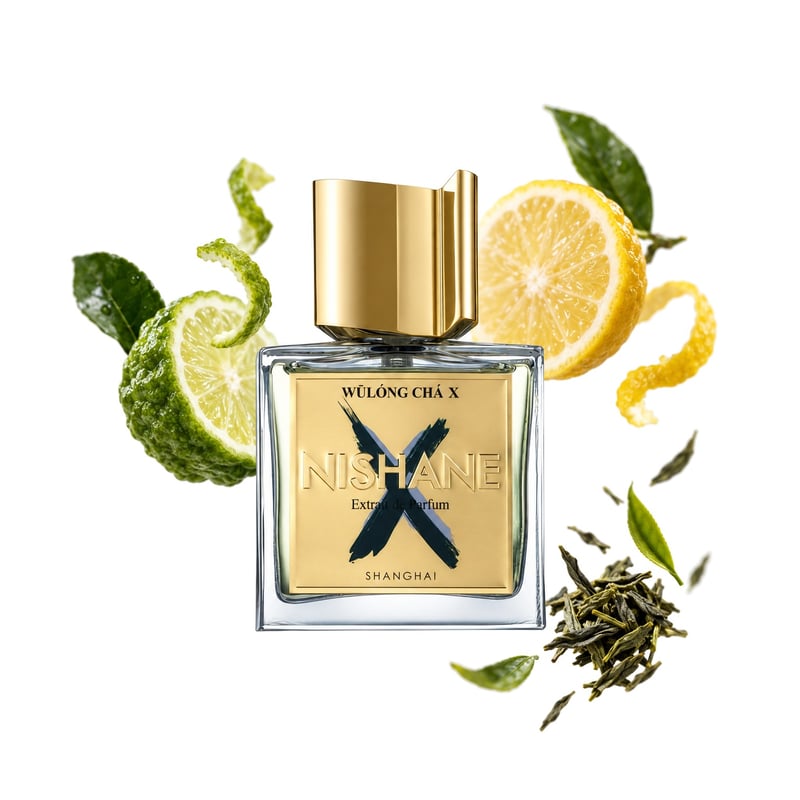 Wulong Cha X by Nishane, bottle pictured with its key notes: Bergamot, Yuzu and Green Tea