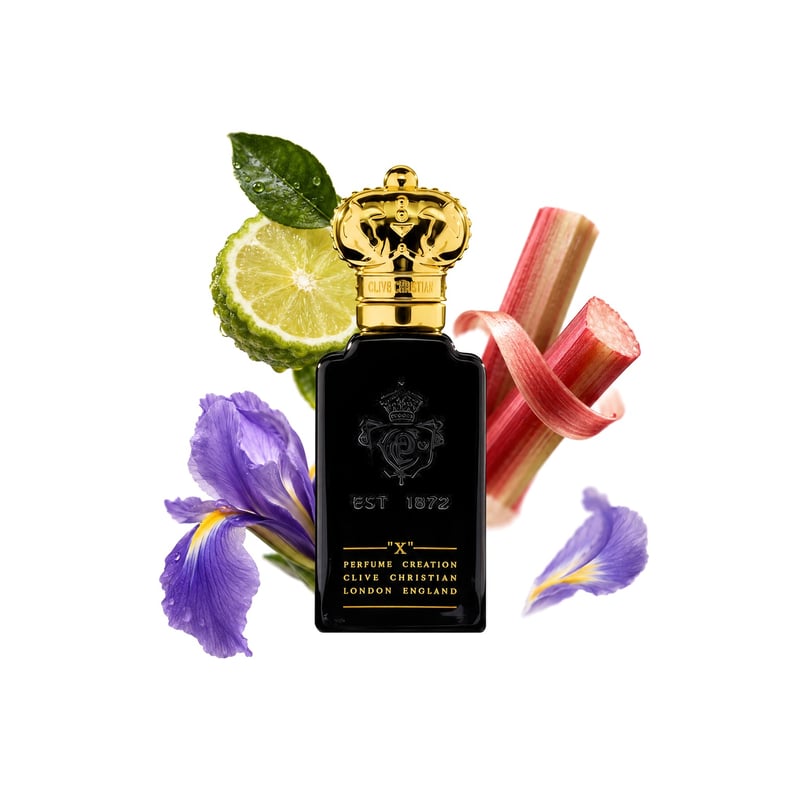 X For Men by Clive Christian, bottle pictured with its key notes: Bergamot, Rhubarb and Iris