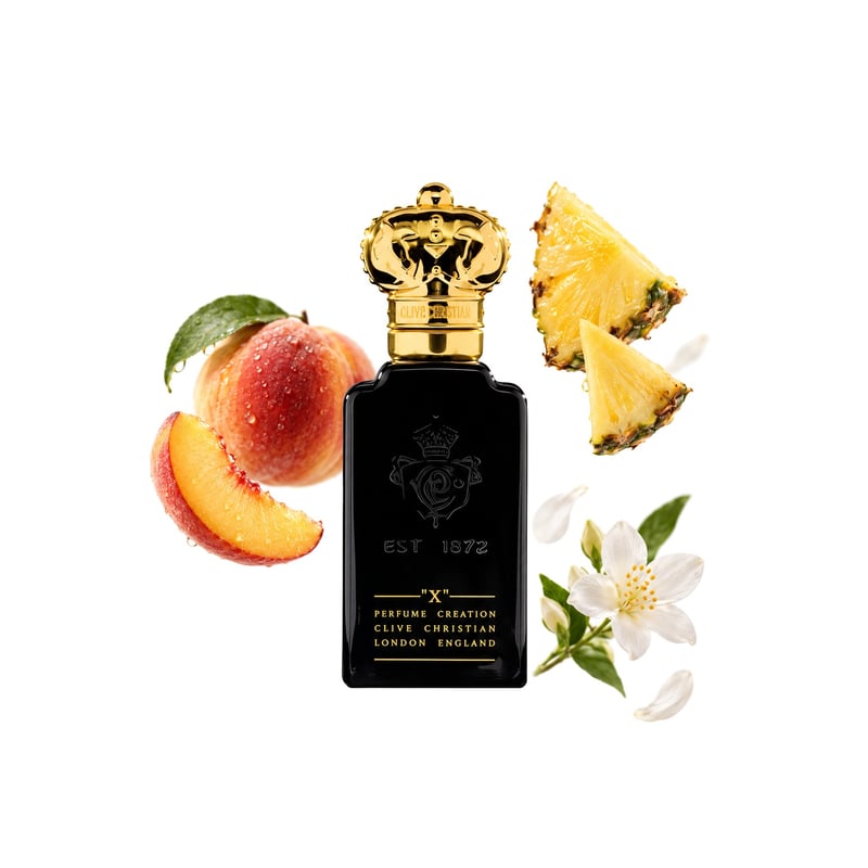 X For Women by Clive Christian, bottle pictured with its key notes: Peach, Pineapple and Jasmine