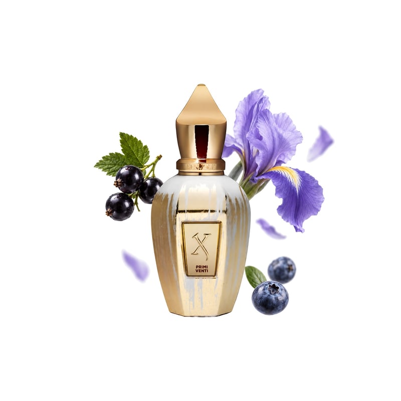 Primi Venti by Xerjoff, bottle pictured with its key notes: Black Currant, Blueberry and Iris