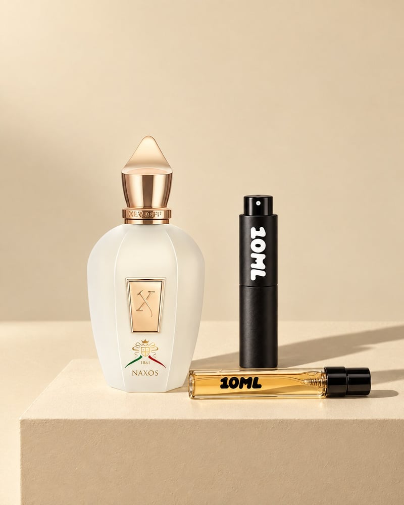 Xerjoff XJ 1861 Naxos with a 10ML travel atomiser and a 10ML refill vial on a beige plinth