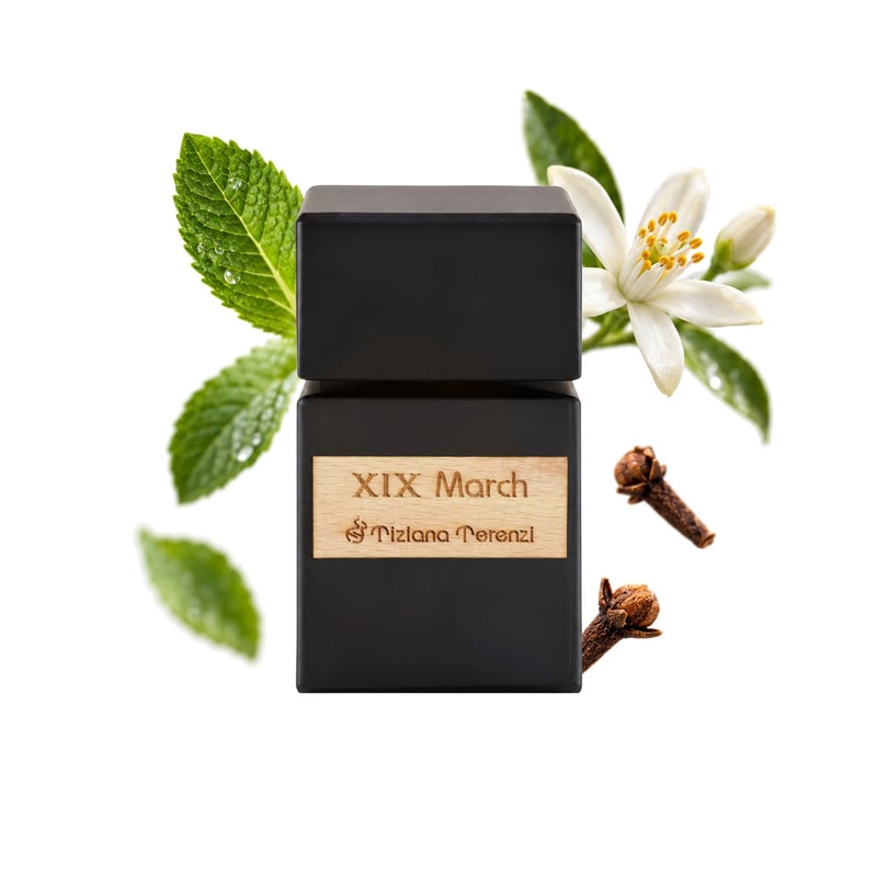 XIX March by Tiziana Terenzi, bottle pictured with its key notes: Mint, African Orange Flower and Clove