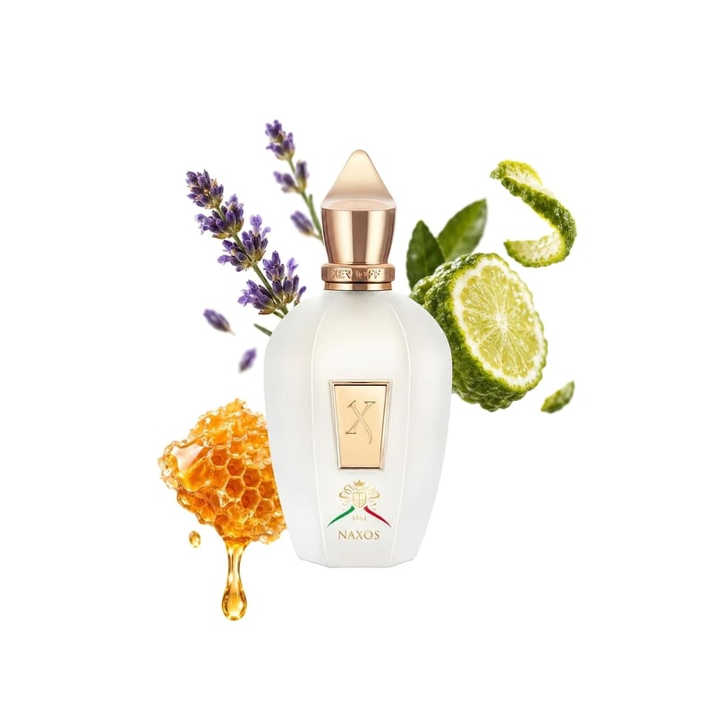 XJ 1861 Naxos by Xerjoff, bottle pictured with its key notes: Lavender, Bergamot and Honey