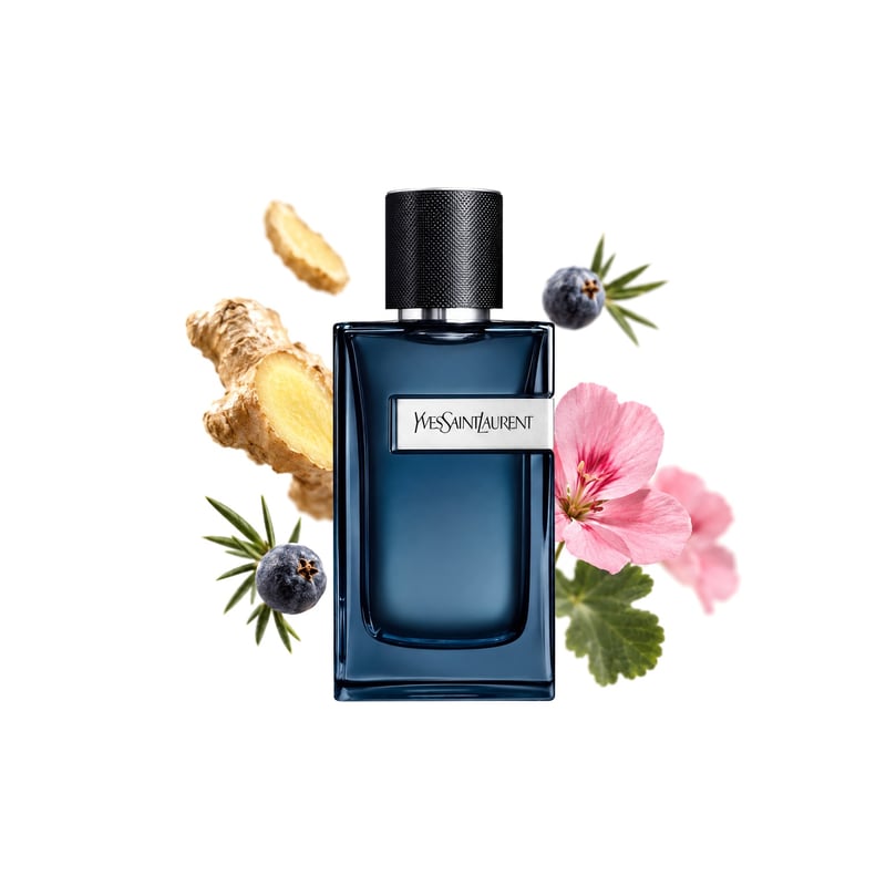 Y Eau de Parfum Intense by Yves Saint Laurent, bottle pictured with its key notes: Ginger, Juniper Berries and Geranium