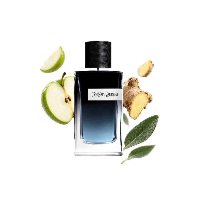 Y Eau de Parfum by Yves Saint Laurent, bottle pictured with its key notes: Apple, Ginger and Sage
