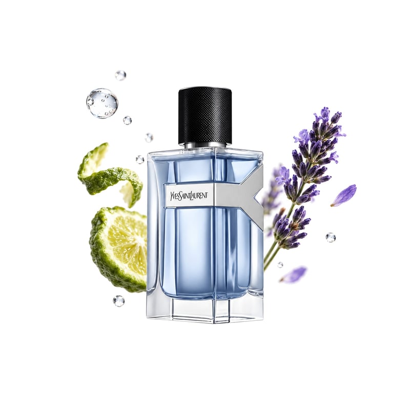 Y Eau de Toilette by Yves Saint Laurent, bottle pictured with its key notes: Aldehydes, Bergamot and Lavender
