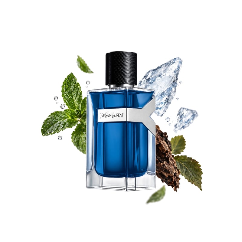 Y Iced Cologne by Yves Saint Laurent, bottle pictured with its key notes: Mint, Ice and Patchouli