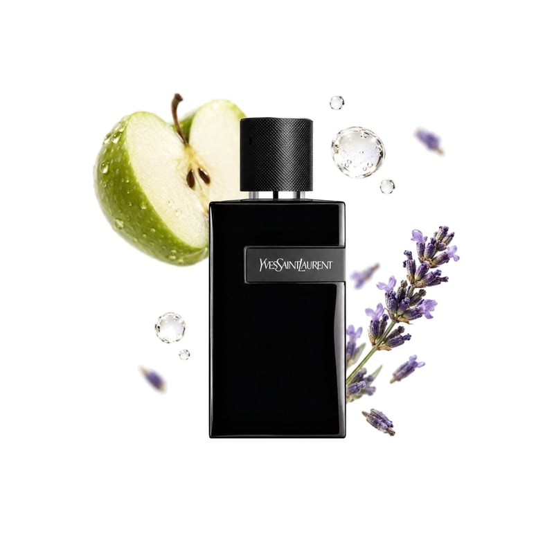 Y Le Parfum by Yves Saint Laurent, bottle pictured with its key notes: Apple, Aldehydes and Lavender