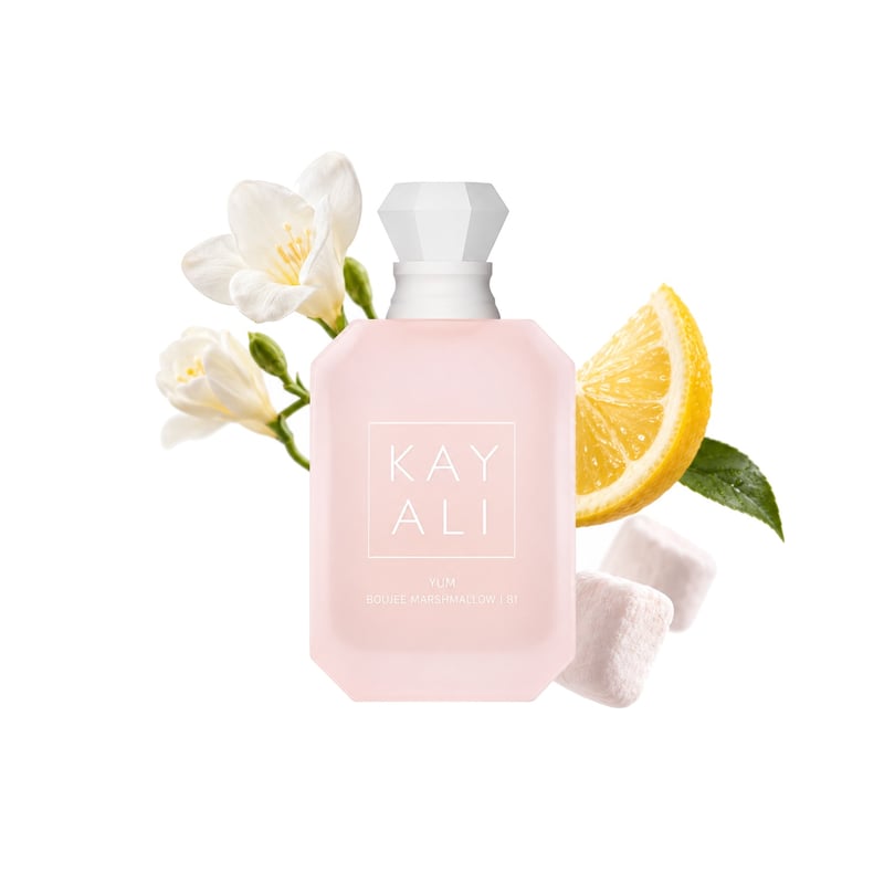 Yum Boujee Marshmallow | 81 by Kayali, bottle pictured with its key notes: Freesia, Italian Lemon and Marshmallow