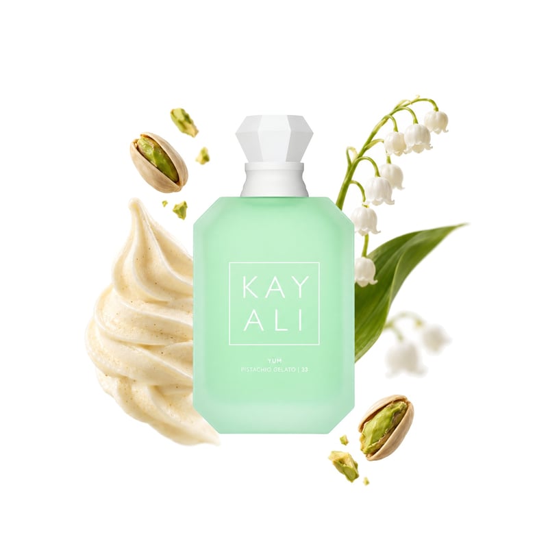 Yum Pistachio Gelato | 33 by Kayali, bottle pictured with its key notes: Pistachio, Ice Cream and Lily-of-the-valley