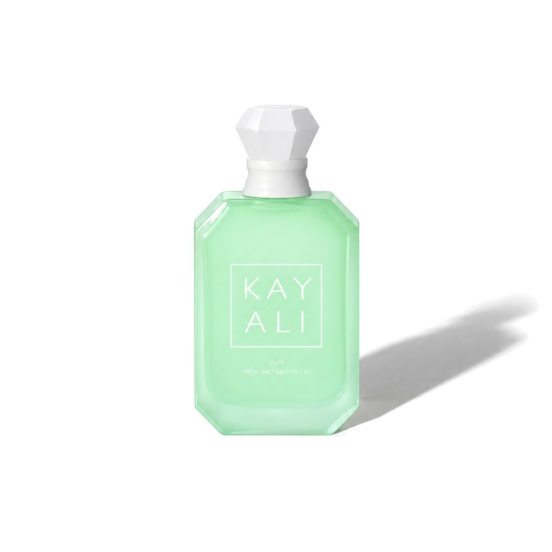 Yum Pistachio Gelato | 33 by Kayali, bottle casting a soft shadow, photo 1 of 6