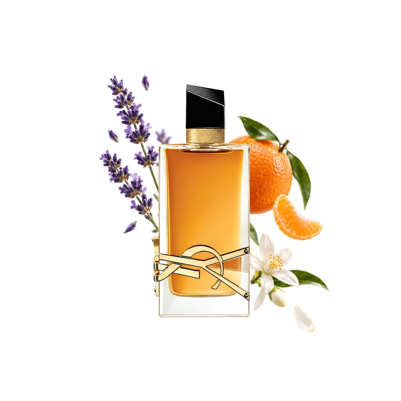Libre Intense de la Yves Saint Laurent, flacon alături de notele principale: Lavandă, Mandarină și Flori de portocal tunisiene