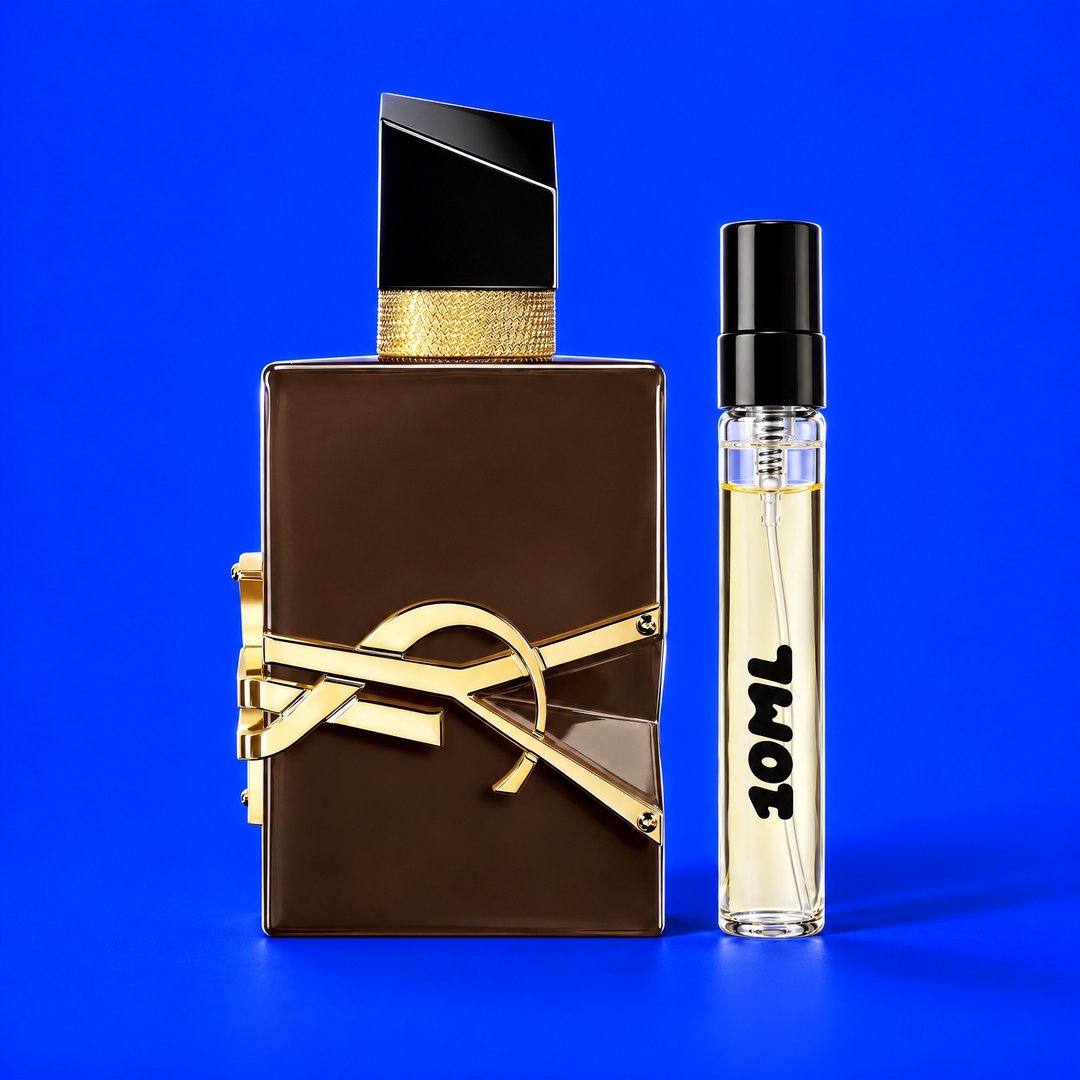 Decant van 10 ml van Libre Santal Couture (Yves Saint Laurent) naast de originele fles