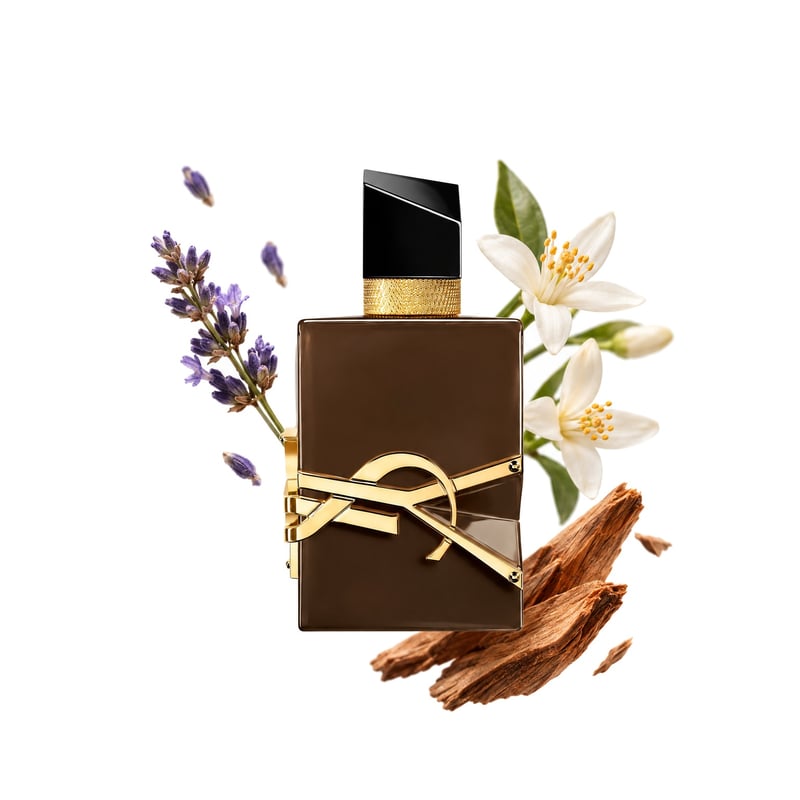 Libre Santal Couture fra Yves Saint Laurent, flaske afbildet med sine vigtigste duftnoter: Lavendel, Appelsinblomst og Sandeltræ