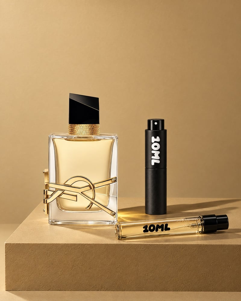Yves Saint Laurent Libre with a 10ML travel atomiser and a 10ML refill vial on a gold plinth