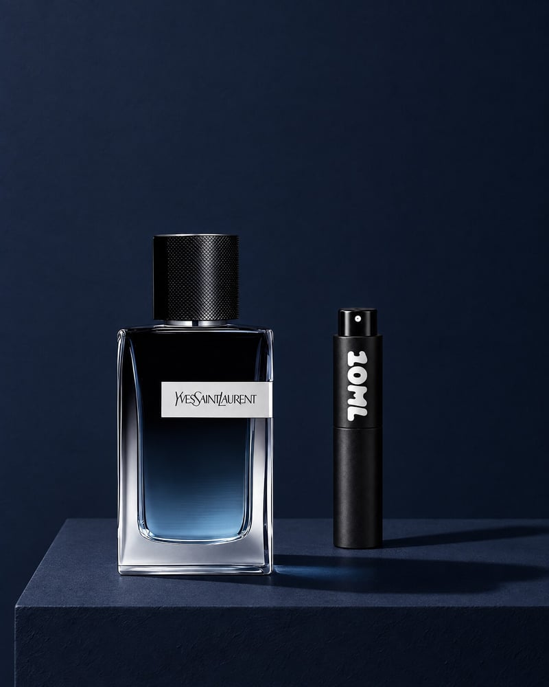 Yves Saint Laurent Y Eau de Parfum beside a 10ML travel atomiser on a blue plinth
