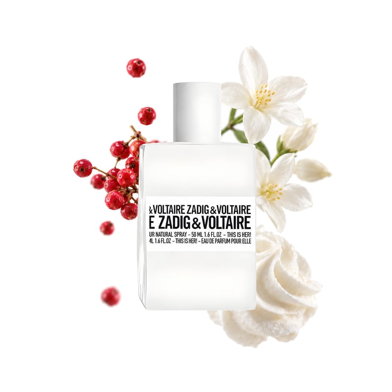 This is Her! von Zadig & Voltaire, Flakon mit seinen Hauptnoten: Rosa Pfeffer, Jasmin Sambac und Schlagsahne