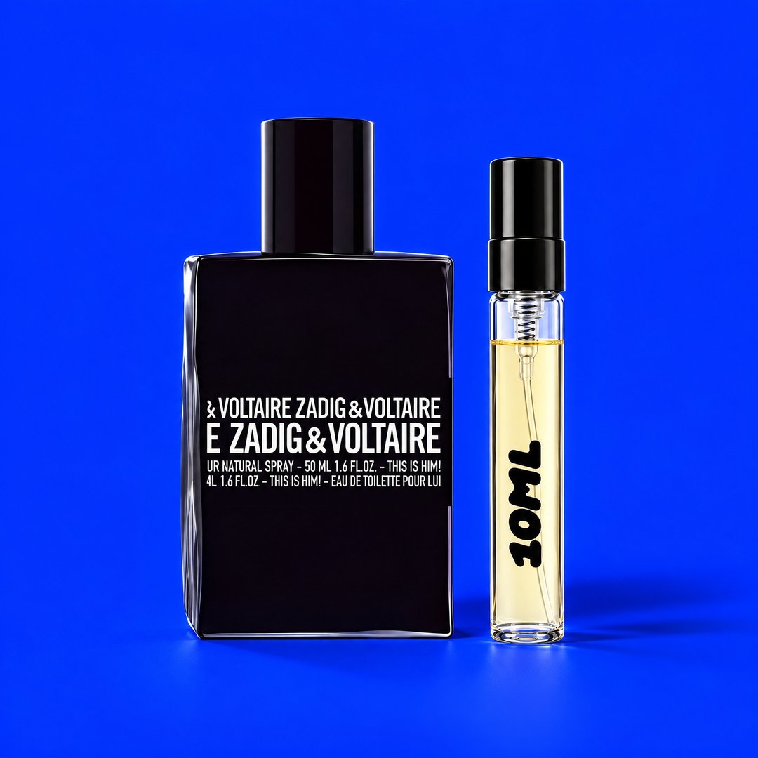 Decant van 10 ml van This is Him! (Zadig & Voltaire) naast de originele fles