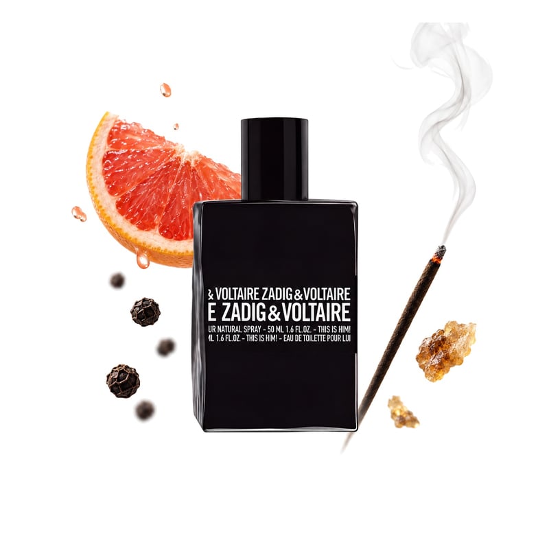 This is Him! de Zadig & Voltaire, frasco fotografado com as notas principais: Pimenta-preta, Toranja e Incenso