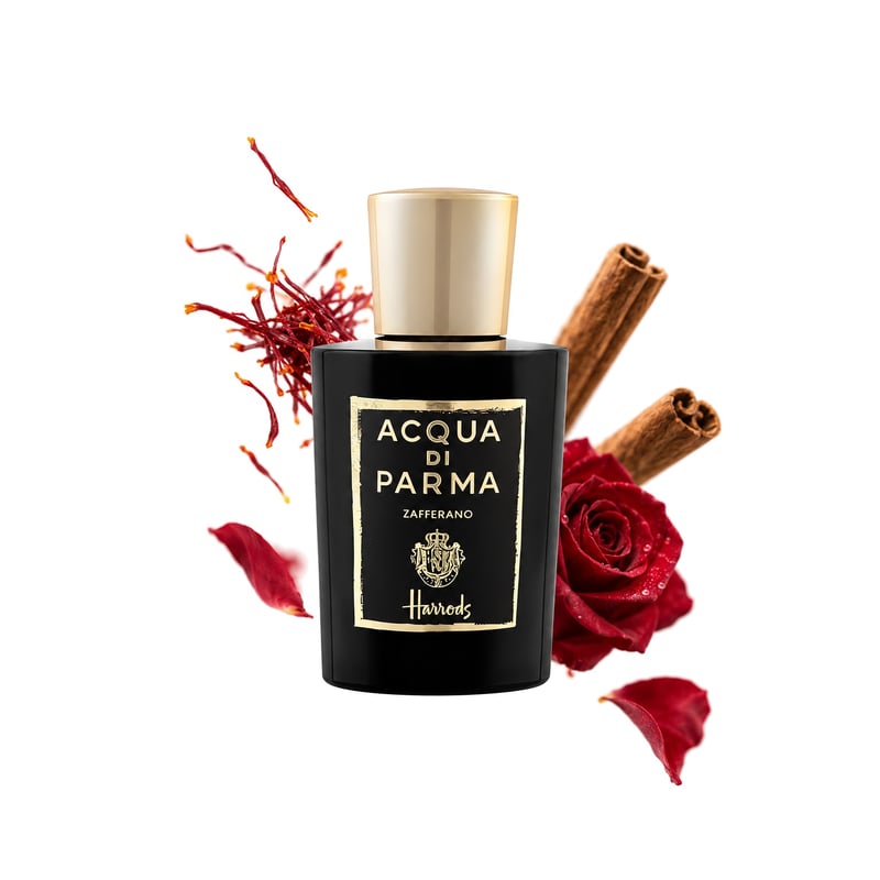 Zafferano by Acqua di Parma, bottle pictured with its key notes: Saffron, Cinnamon and Rose